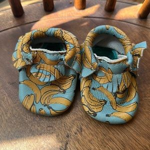 Freshly picked banana print baby moccasins. Rare. Size 1. Made in USA.